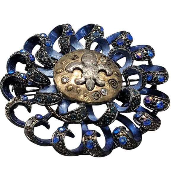 Fleur De Lis Swirl Brooch Royal Blue Gun Metal Gray Rhinestone Sparkle - Picture 12 of 15